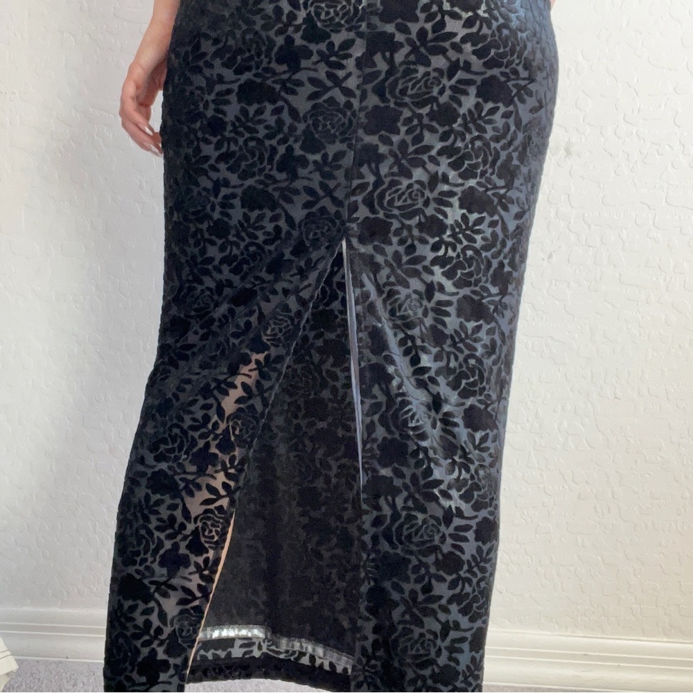 Vintage 90s Roberta Black Velvet Burnout Silver Maxi Sheath Dress - Picture 4 of 12